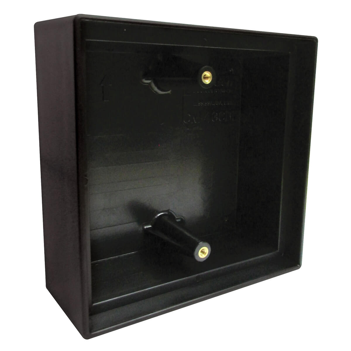 Black square box enclosure with mounting holes inside.