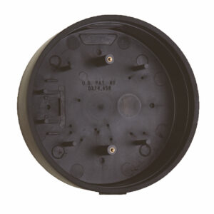 Round black mounting bracket for door hardware.