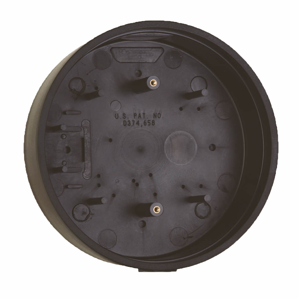 Round black mounting bracket for door hardware.