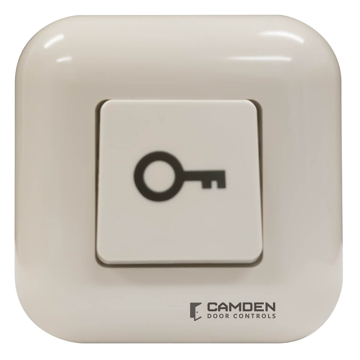 Square white door control button with key symbol.