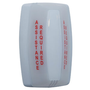 White emergency assistance button with red text.