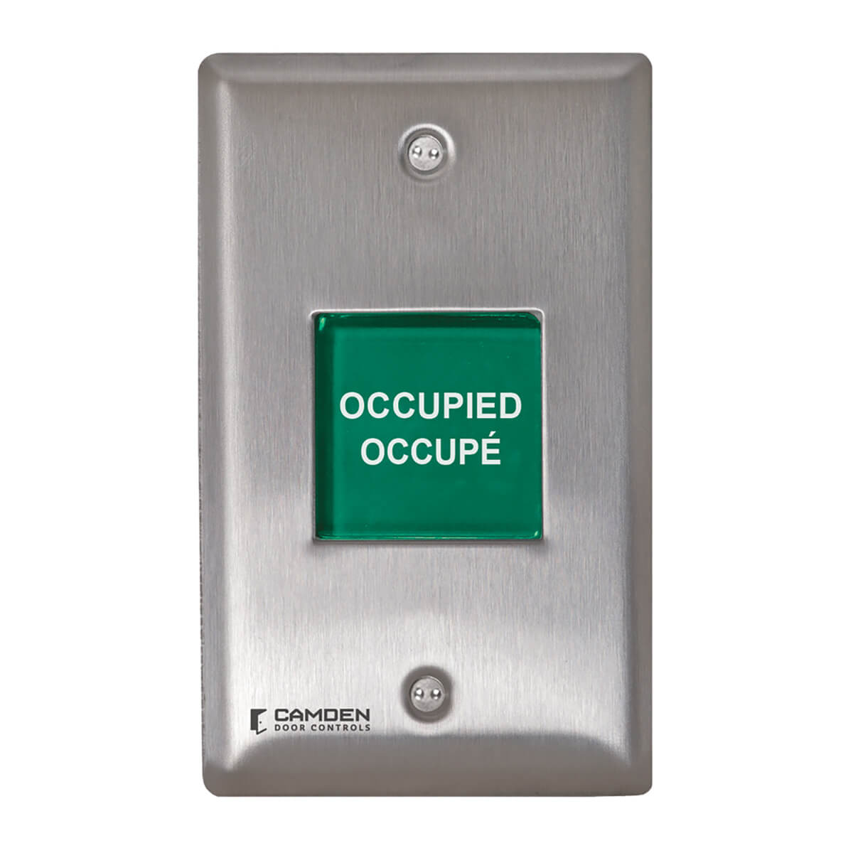Green "Occupied" door indicator on metal plate.