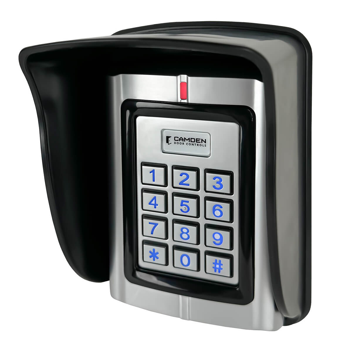Security keypad mounted with protective hood.