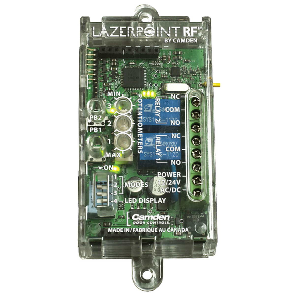 RF circuit board with components and LED indicators.