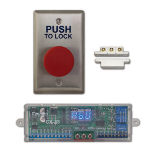 Red push button with lock circuit components displayed.