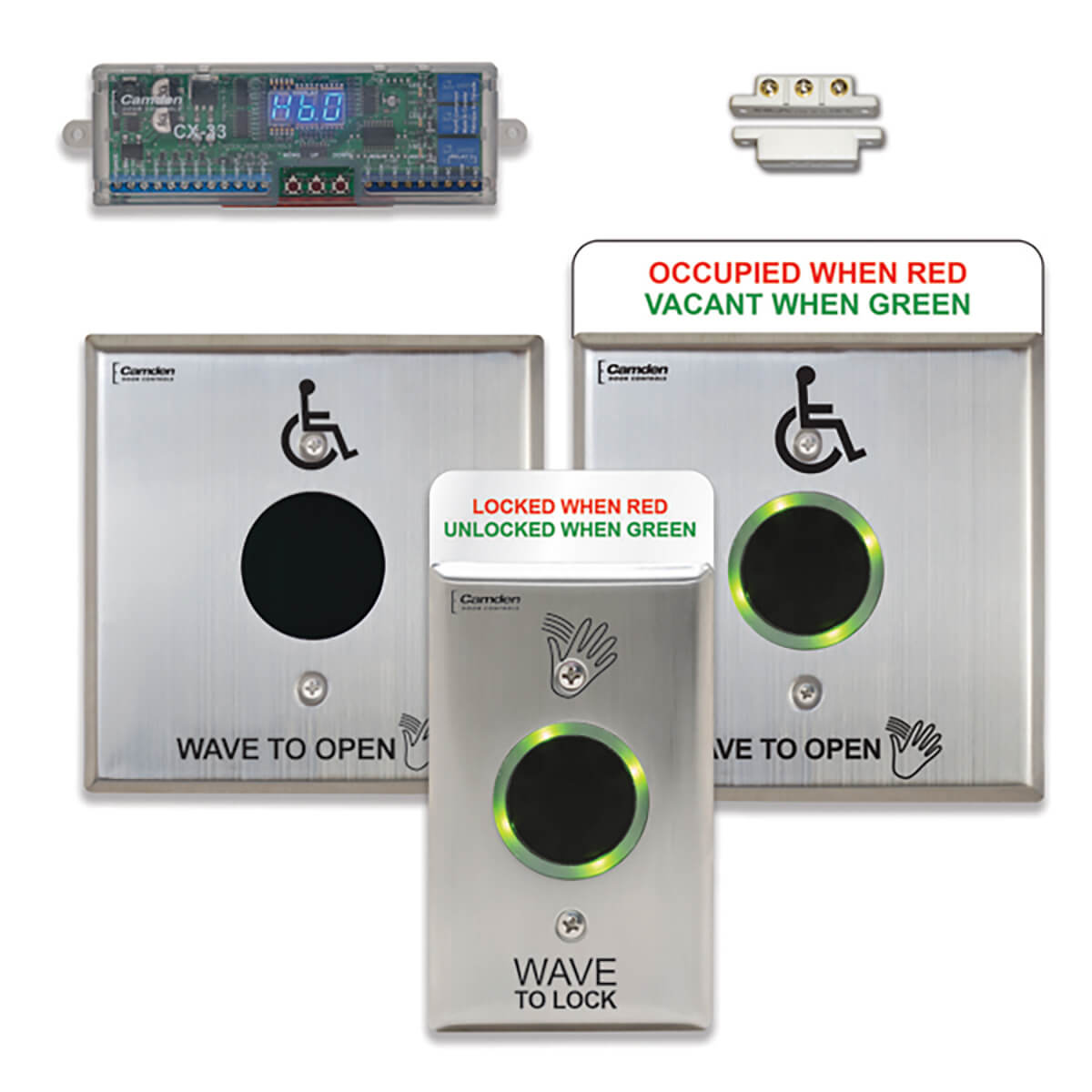 Accessible door control buttons with lock status indicators.