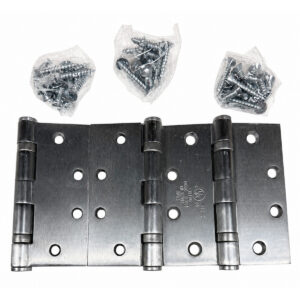 Steel door hinges with screws in plastic bags.