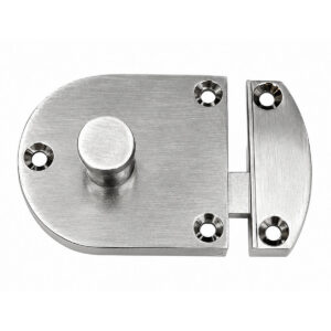 Metal bolt lock mounted on white surface.