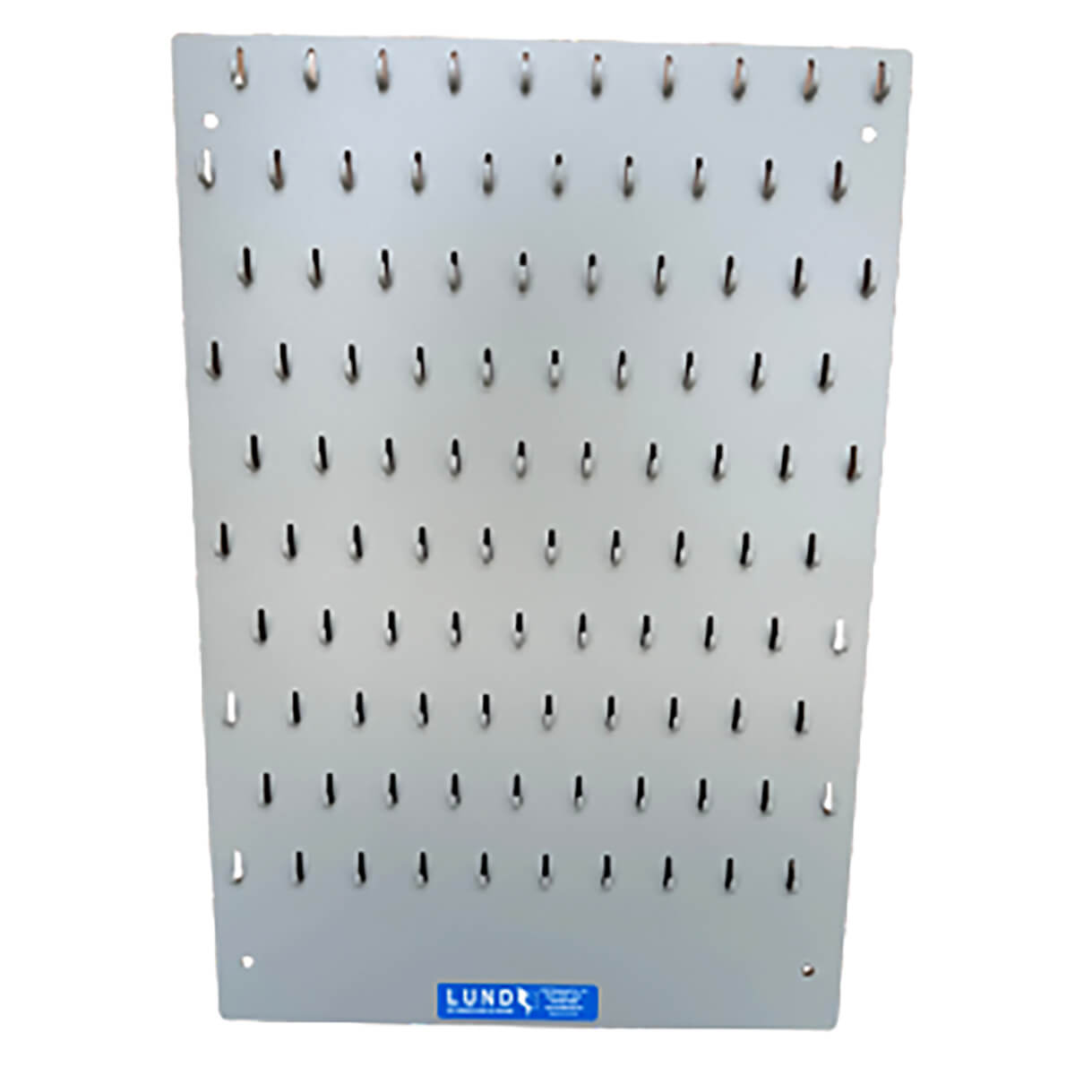 Metal pegboard with multiple hooks for hanging items.