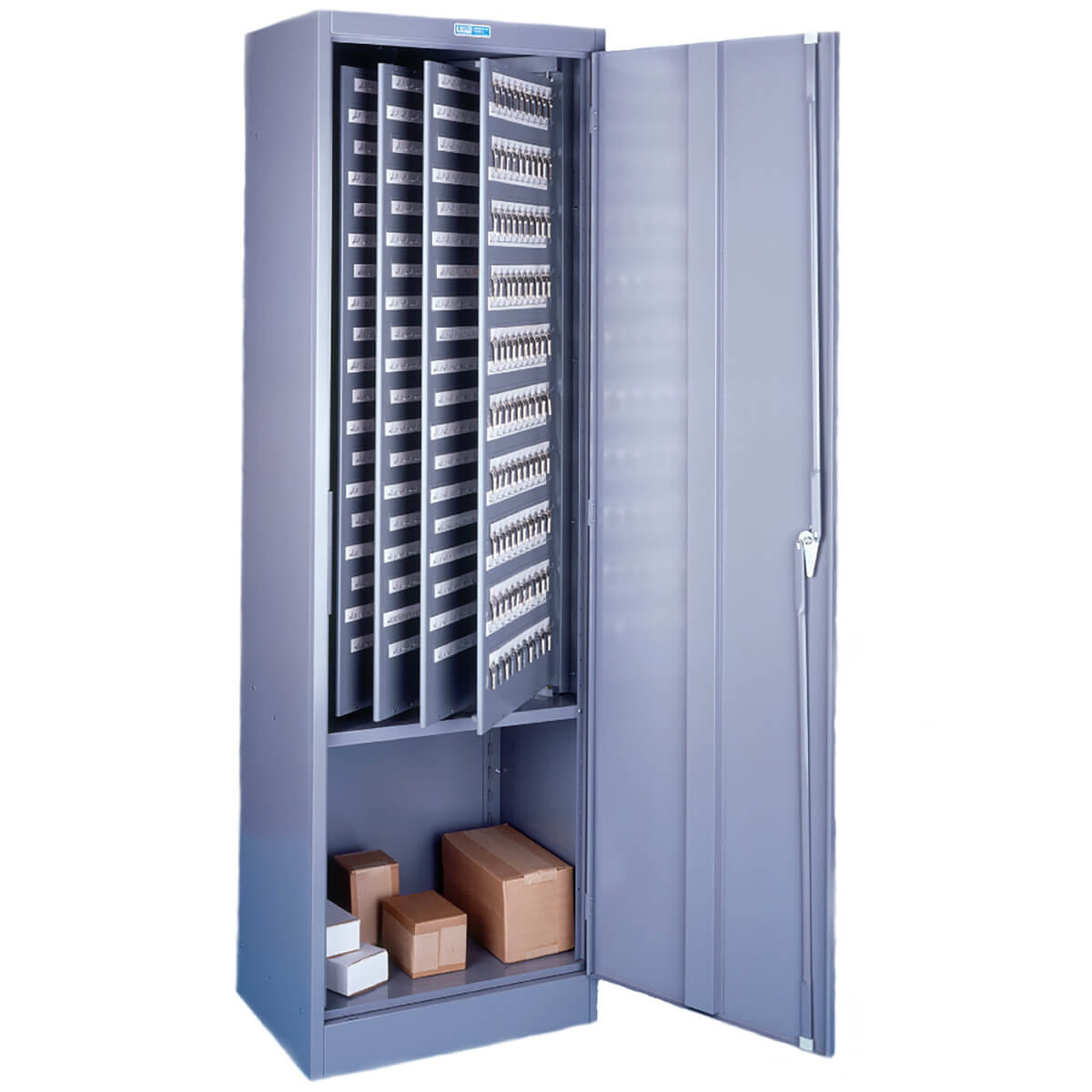 Open key storage cabinet with shelves and boxes.