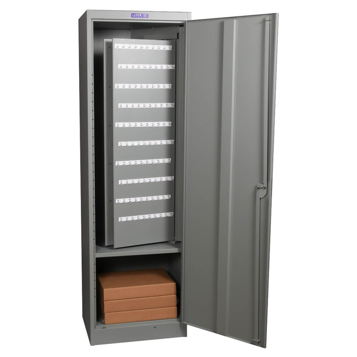 Open gray key storage cabinet with numbered pegs.