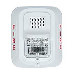 Wall-mounted fire alarm with speaker and strobe light.