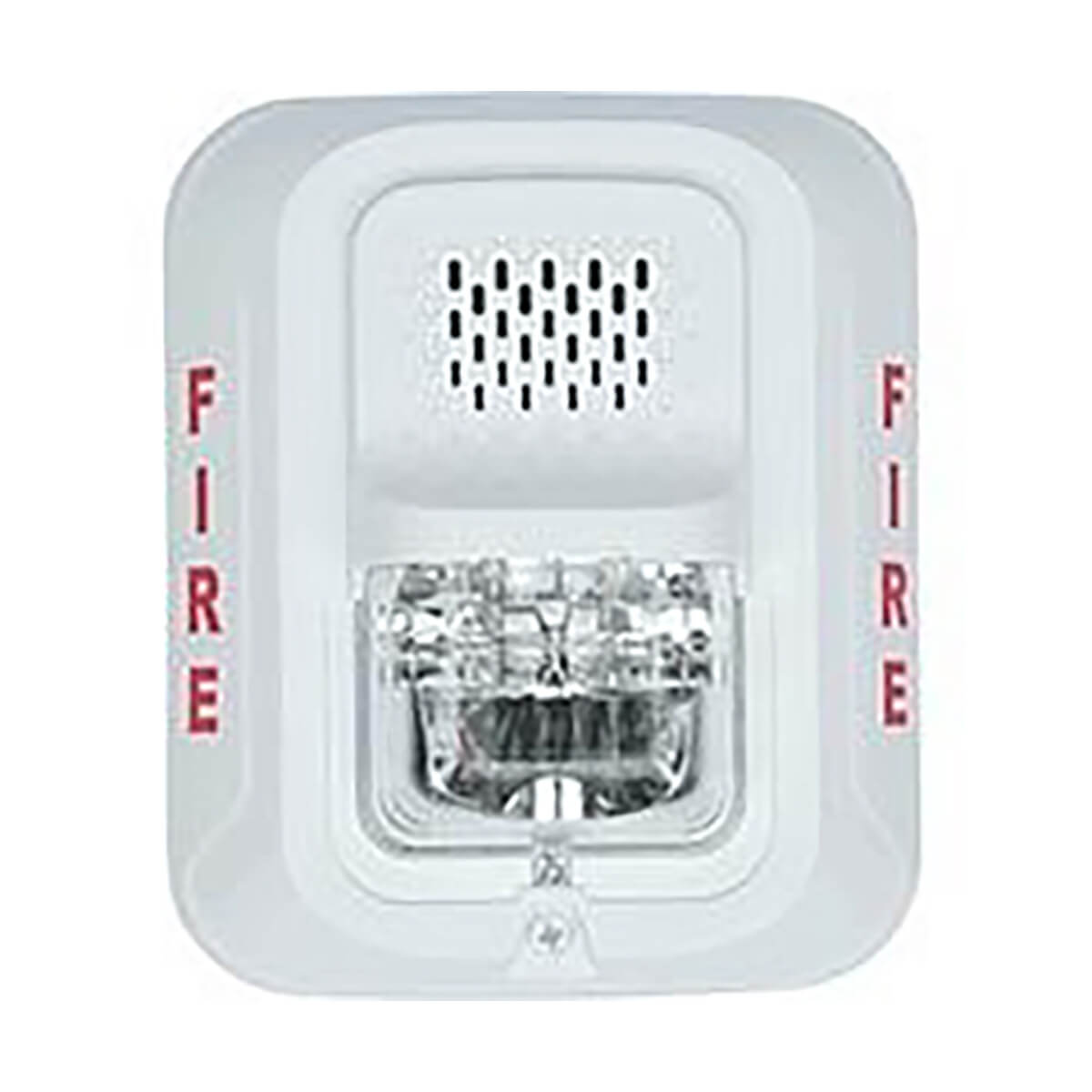 Wall-mounted fire alarm with speaker and strobe light.
