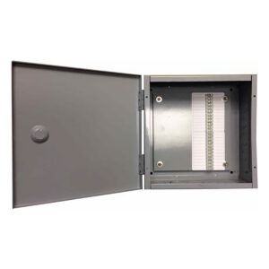 Open metal cabinet displaying security hardware components inside.
