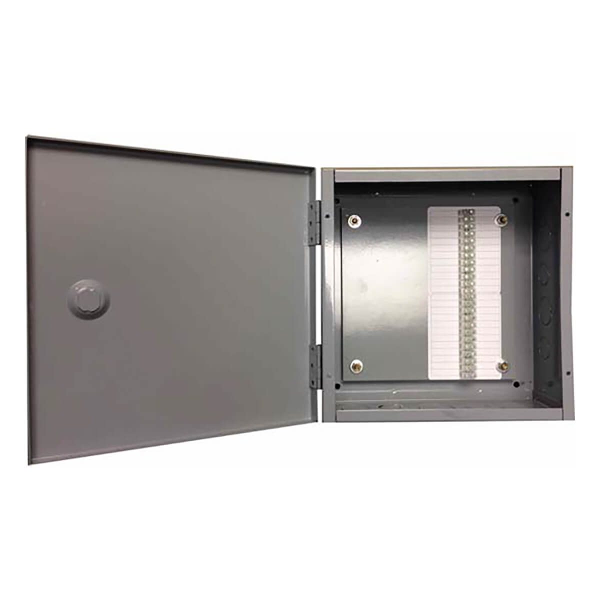 Open metal cabinet displaying security hardware components inside.