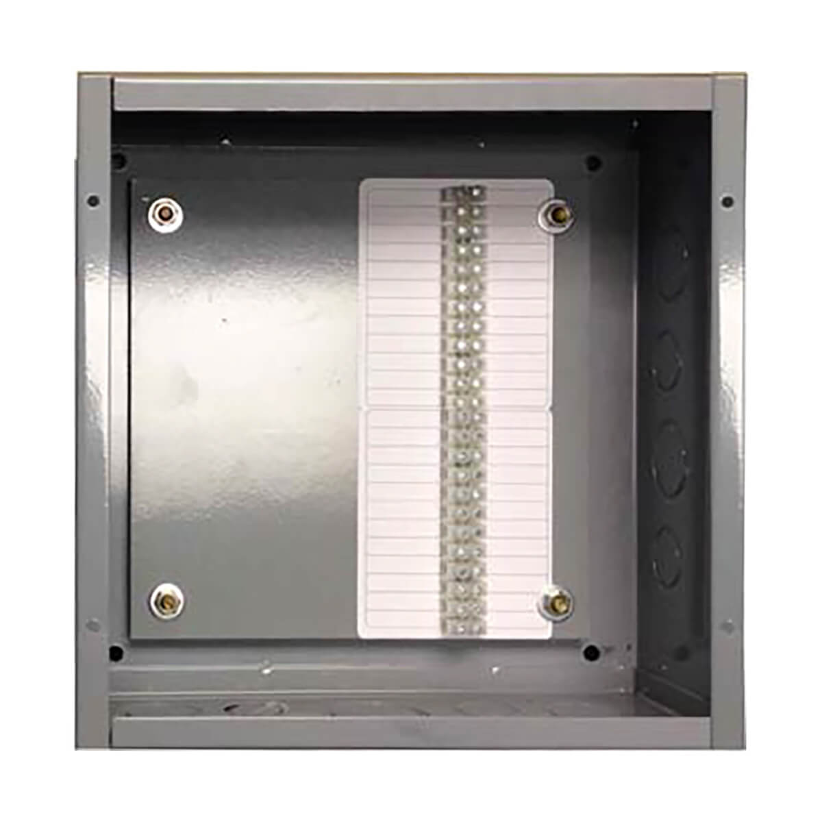 Metal box with circuit terminal strip inside.