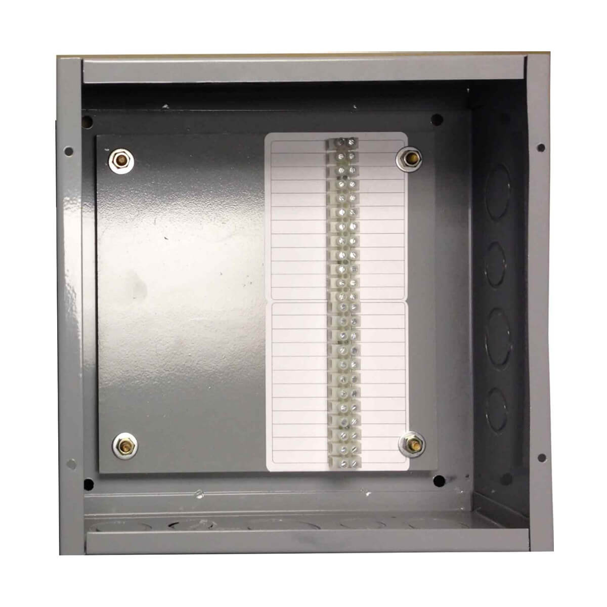 Open metal junction box with connector strip.