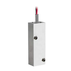 Metallic security hardware block with exposed wires.