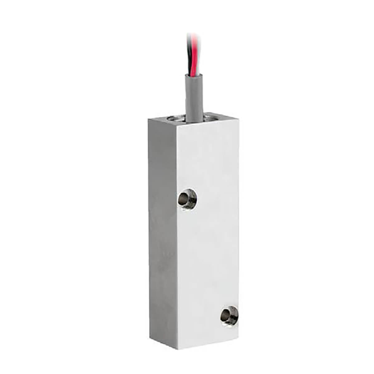 Metallic security hardware block with exposed wires.