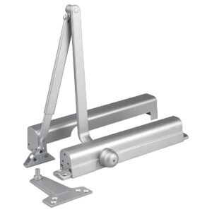 Silver door closer with mounting hardware displayed.