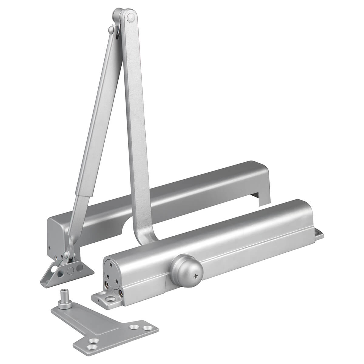 Silver door closer with mounting hardware displayed.