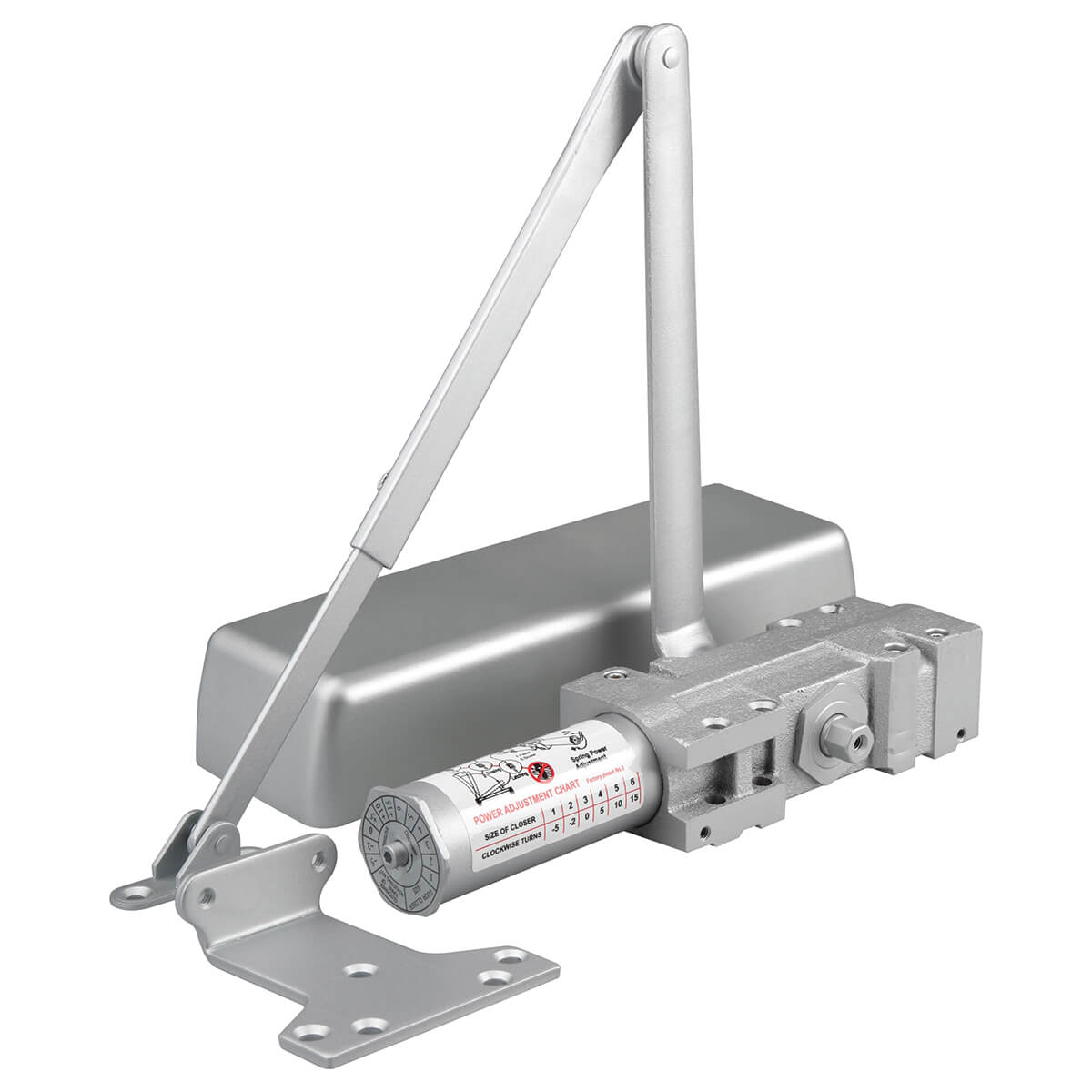 Silver door closer with adjustable arm mechanism