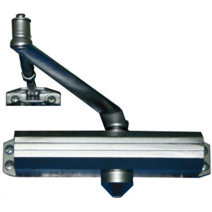Silver door closer mounted on a metal plate.