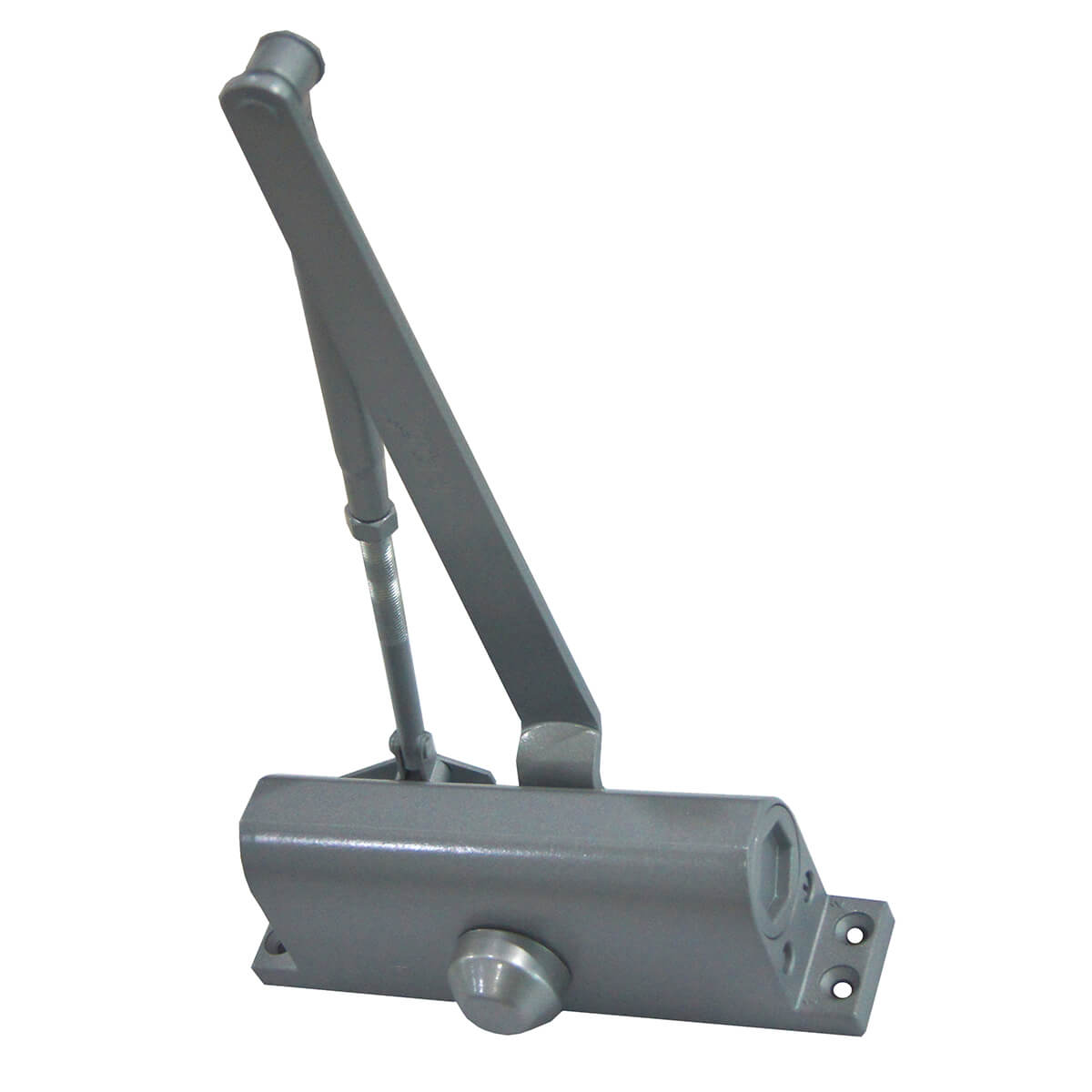 Gray door closer with adjustable arm extended upright.