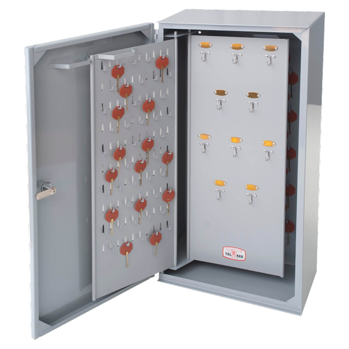 Open key cabinet displaying red-tagged keys inside.