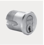 Silver cam lock cylinder with keyhole facing the viewer, showing its locking arm.