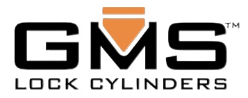 GMS Lock Cylinders logo with bold black letters and an orange shield icon above the name
