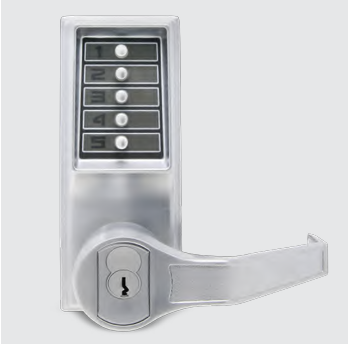 Silver door lock with a vertical five-button keypad and a curved lever handle