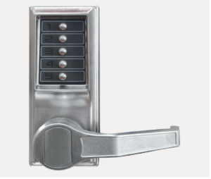 Electronic keypad door lock with a five-digit keypad and a horizontal lever handle.