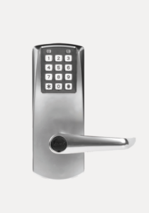Electronic door lock with a numeric keypad and a horizontal lever handle.