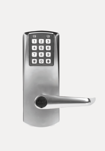 Electronic door lock with a numeric keypad and a horizontal lever handle.